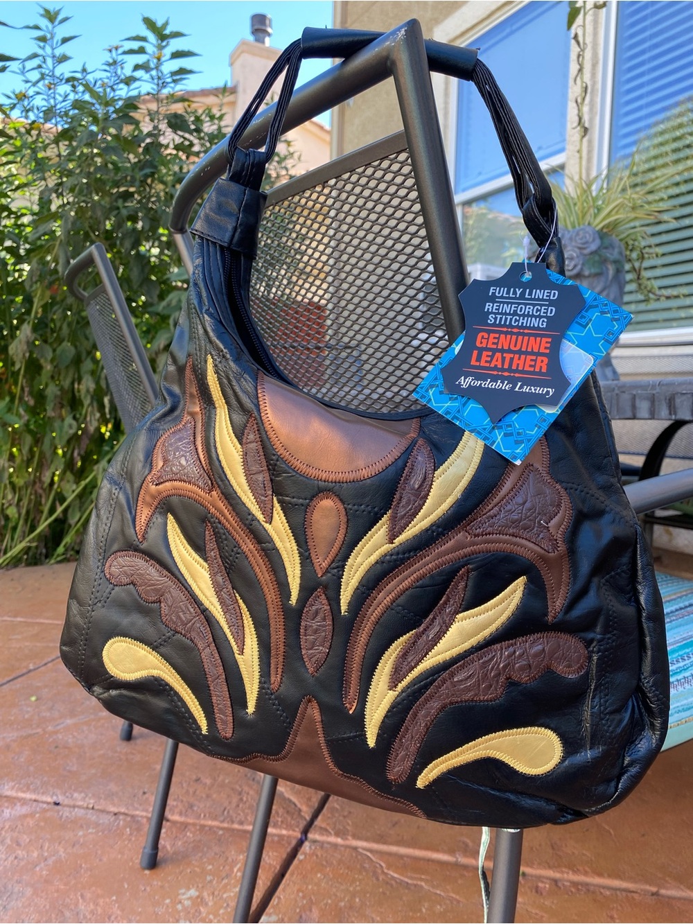 Genuine Leather Black & Brown Appliqué Shoulder Bag